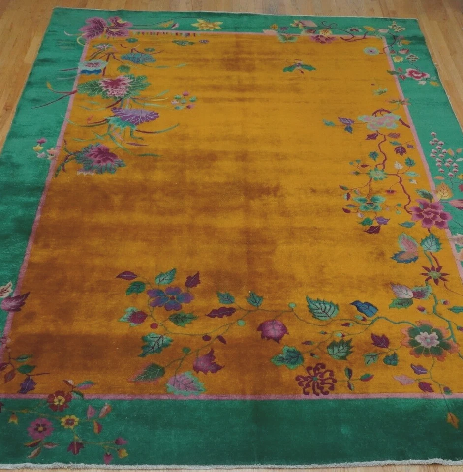 Antigua alfombra oriental dorada floral de lana anudada a mano china Art Deco 9' x 12' Foto 4 de 4