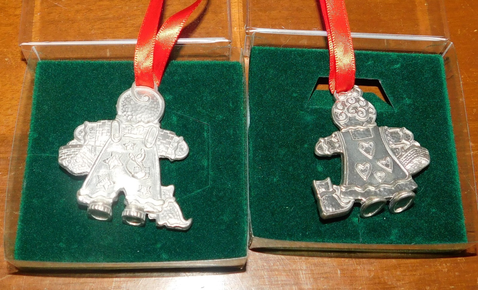 2 Longaberger Pewter Gingerbread Boy & Girl Christmas Ornaments in
