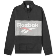 Image of REEBOK MENS RETRO VECTOR QUARTER ZIP SWEATSHIRT PULLOVER BLACK COMFY NEW BNWT OG