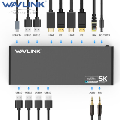 5K Laptop Universal Docking Station USB C Dock with 2×HDMI 2×DP Gigabit Ethernet