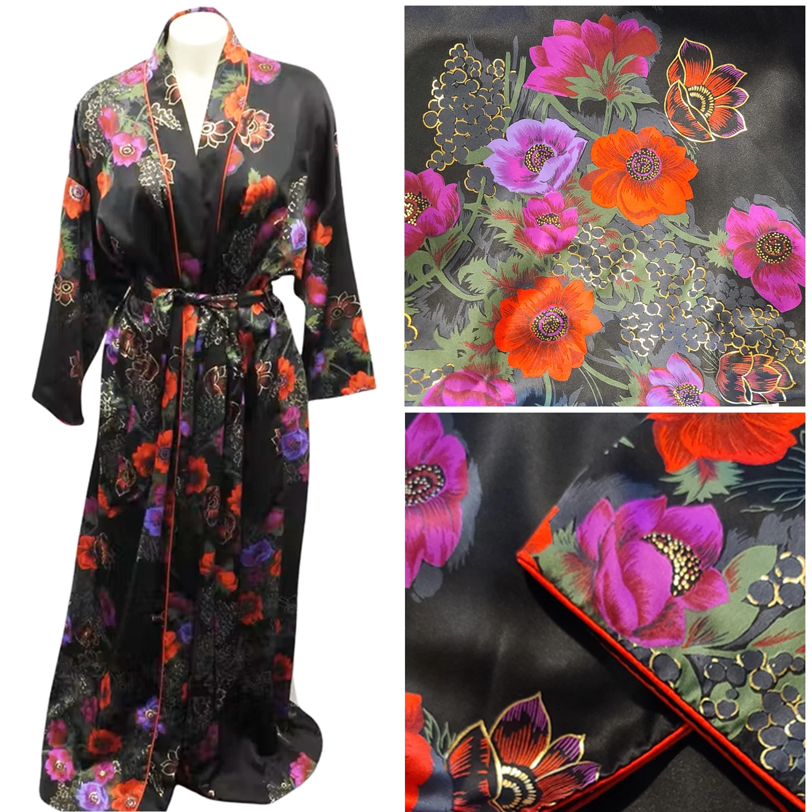 CHRISTIAN DIOR S luxueuse robe longue noire rouge violet or satin neuve avec étiquette années 80 très bon état