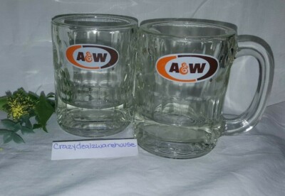 A & W ROOT BEER ~ SET OF 2 ~ CLEAR GLASS SHORT MUG 4 INCH  ~ VINTAGE