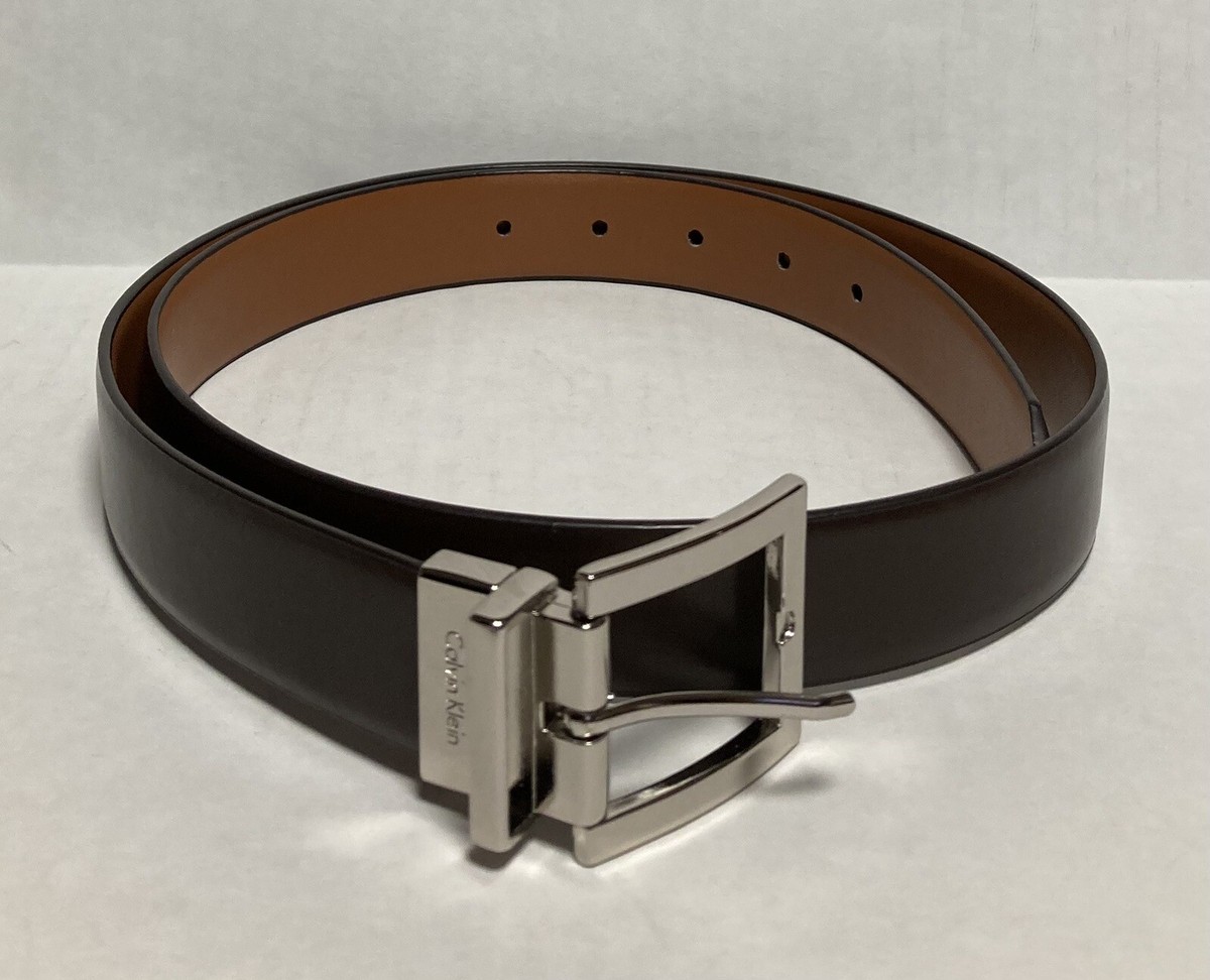 Mens Calvin Klein Dress Belt Synthetic Brown Leather Silver 