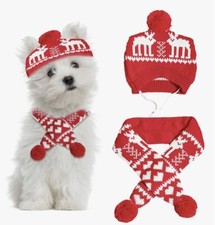 2 Piece Pet Knit Hat  Scarf Set Winter Warm Dog/Cat Red/White Size Large New