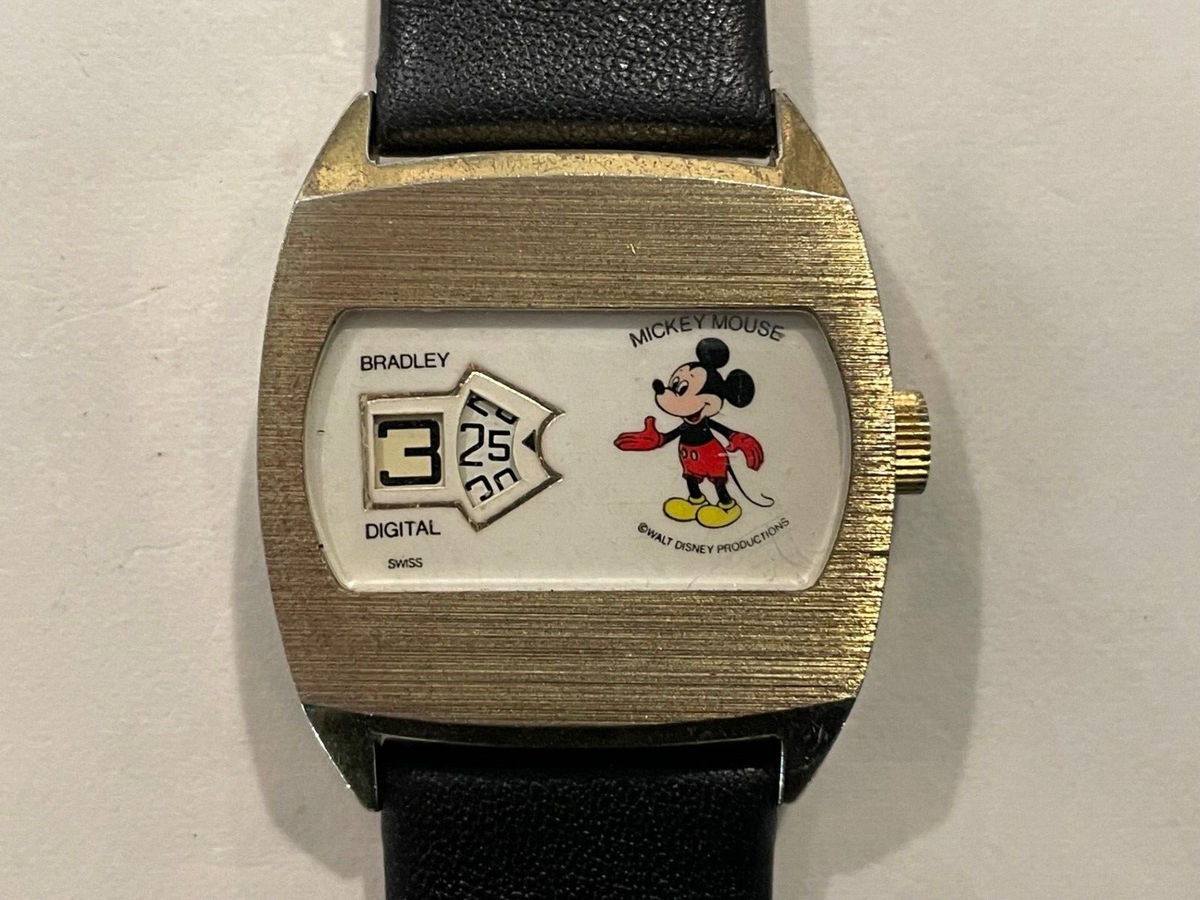 Vintage Bradley Mickey Mouse Jump Hour Gold Tone Swiss Watch