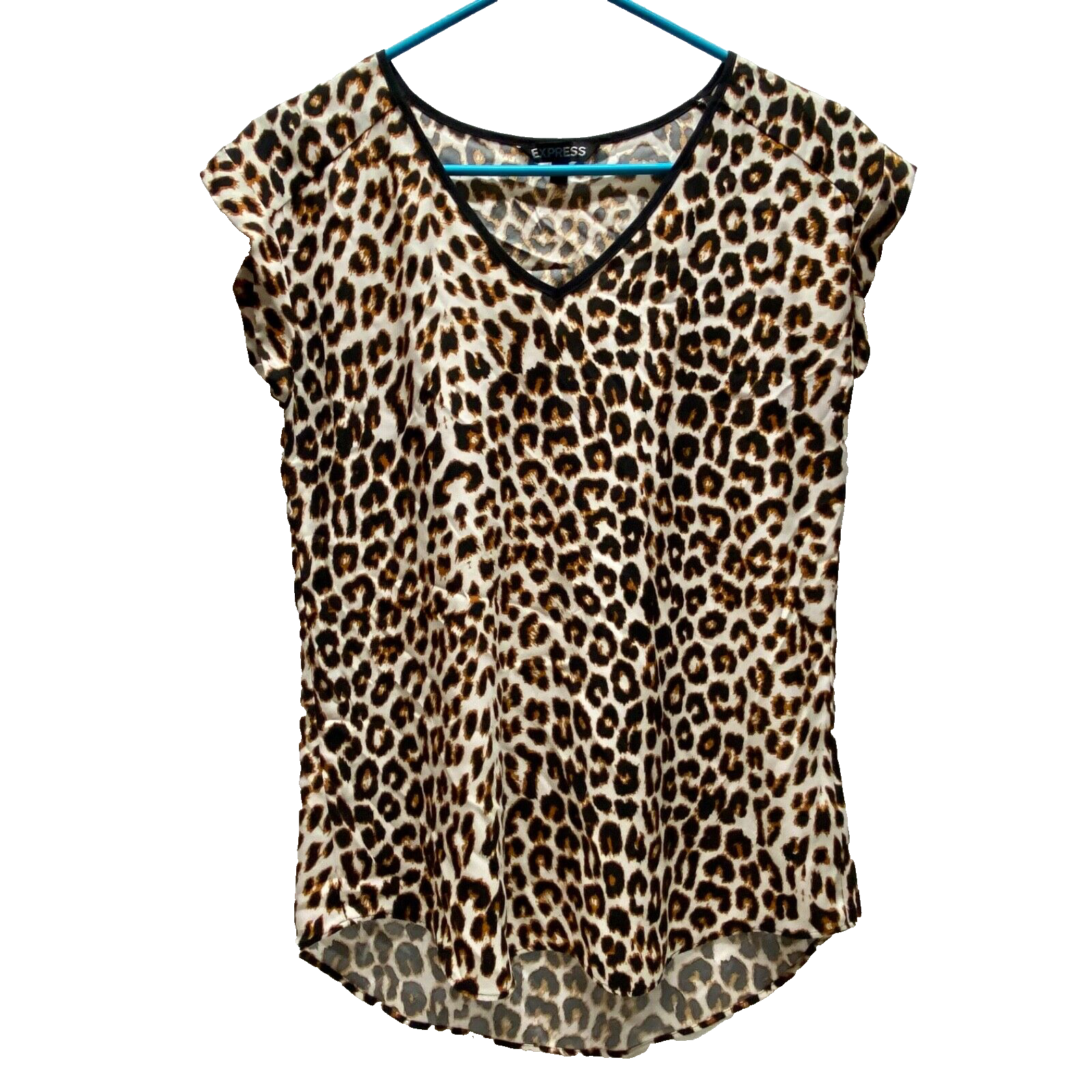 Express Leopard Print V-Neck Women’s XS White Black Shirt Ladies Sheer Blouse EC