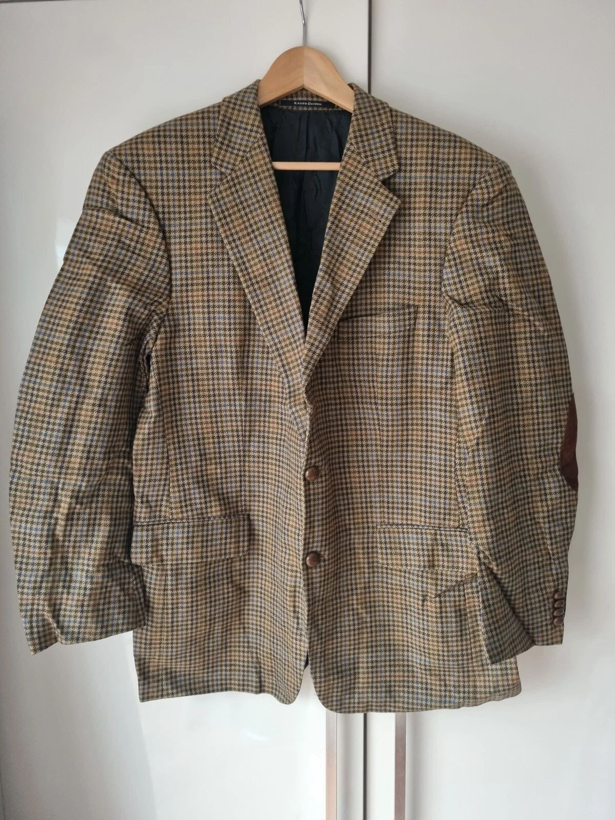 Kaiser Design Men's Brown Checked Blazer Jacket With Elbow Patches Size 44R .