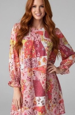 Umgee size M floral boho patchwork ruffle sleeve high low crochet detail dress