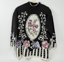 Rebecca Stone Black Floral Pearl Beads Womens Knit Sweater S Cottage Core Vtg