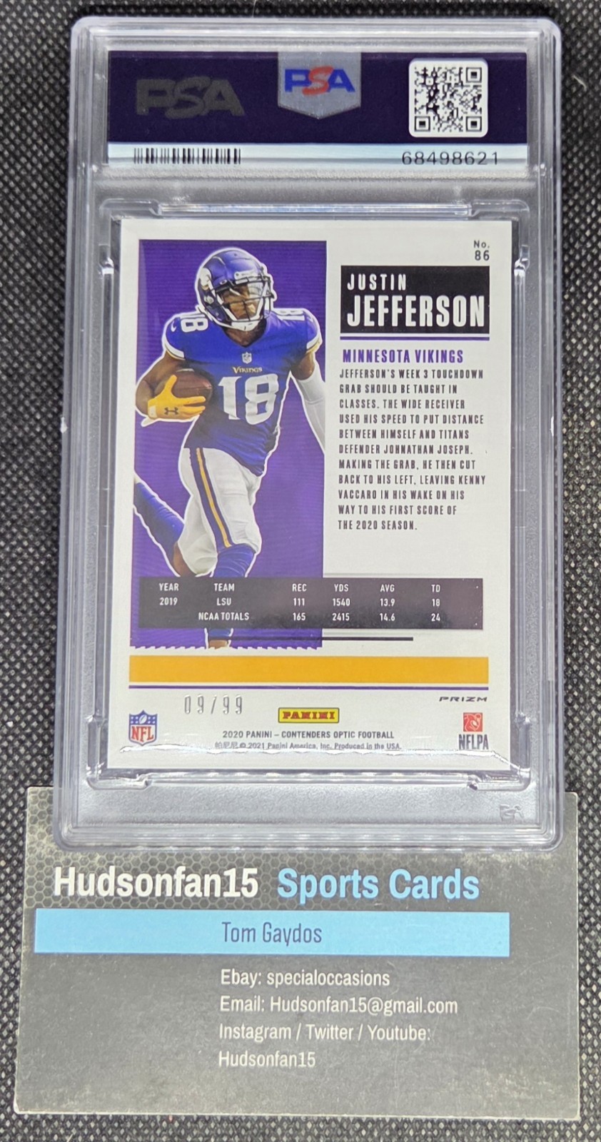 Justin Jefferson 2020 Panini Contenders Optic Rookie Ticket #86 Blue 9/99 PSA 10 view 2