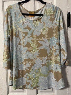 Ruby Rd. Floral Print 3/4 Sleeve Top Size M Tan Blue Green Tropical Stretch Knit