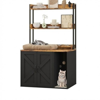 55'' H Cat Litter Box Enclosure Hidden Litter Box Furniture Wooden Cat House w...
