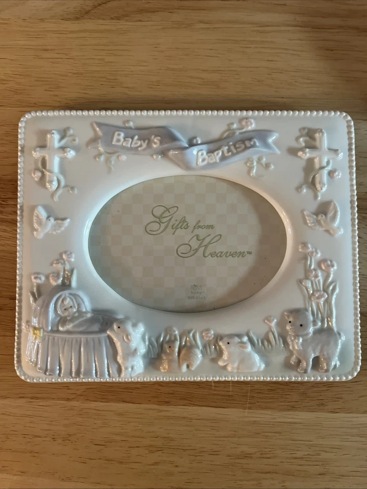 Russ Gifts From Heaven moldura de batismo de bebê porcelana azul e branco - Imagem 2 de 4