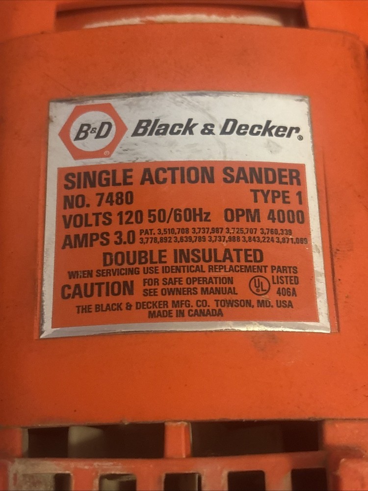 Black & Decker 7480 Single Action Electric Sander Orange Finishing Tool Canada