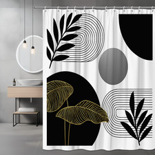 Black and Gold Modern Shower Curtain with Leaf and Geometric Design