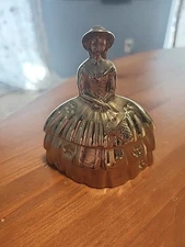 Vintage Brass Dinner Bell Southern Belle Lady With Basket & Flowers 3.75" 