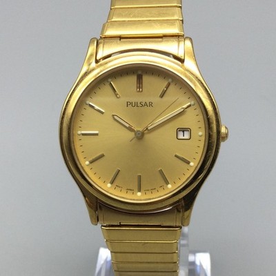 Pulsar Mens Watch 34mm Gold Tone Date V732-X138 Stretch Band New Battery