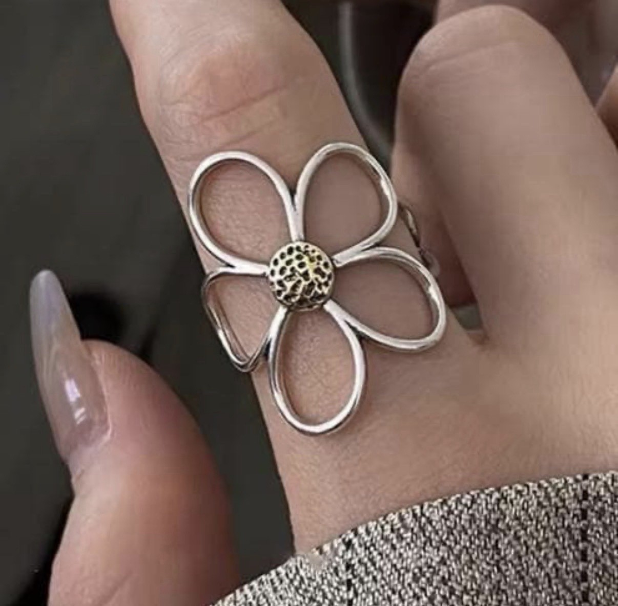 Silver Flower Ring Adjustable Women Statement Floral Fashion Jewelry Gift
