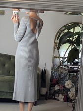 Wayf Dede Emily Ribbed Bodycon Sweater Dress S Small Gray Open Back Bow Tie