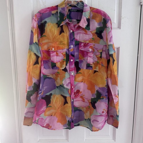 Lauren Ralph Lauren Floral Silk Blend Button Up Shirt Sz L Colorful Bloomcore - Picture 2 of 7