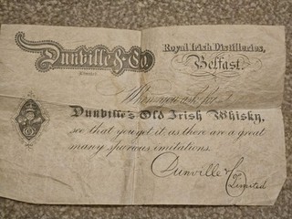 Promotional White £5 Note Dunville's Old Irish Whisky Royal Irish Whisky Belfast