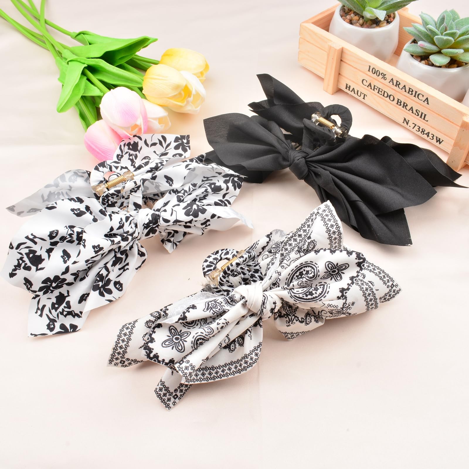 Hadutrek Bow Claw Clips Black White 3PCS Big Hair Bows for Women Thick Hair