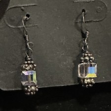 Modernist Bali Artisan AB Crystal Faceted  Sterling Silver Hooks Earrings