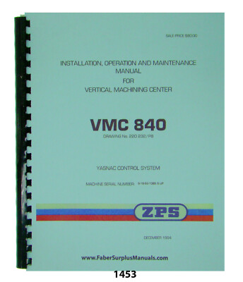 ZPS / TAJMAC Vertical Machining Center VMC840 Install, Op, & Maint Manual #1453