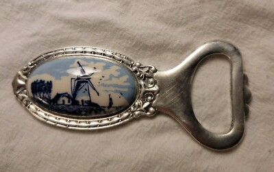 Vintage Delft Blue Silver Plated Pako Rhenen Silver Co. Bottle Opener  3 1/2'' L