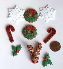 Deck the Halls / Dress It Up Christmas Buttons / Reindeer ~ Wreath~ Holly ~ Cane