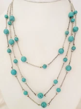 Chaps Turquoise Dyed Howlite Beads Station 3 Layer Silver Plated Necklace 18" L