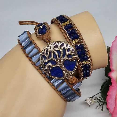 Blue Bracelet Tree of Life Lapis Lazuli Crystal Glass Beaded Beige Leather Wrap - Picture 10 of 18