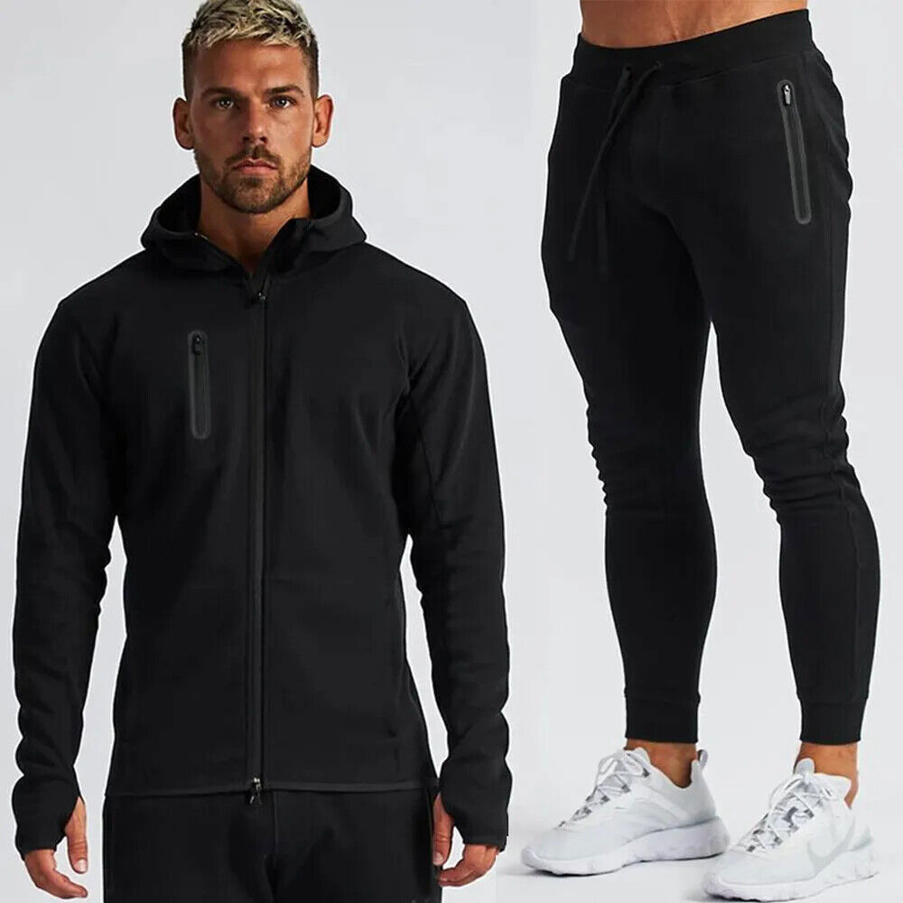 Men's Cotton Training Sets Zipper Hooded Black Men 2Piece Sweatshirt Sweatpants