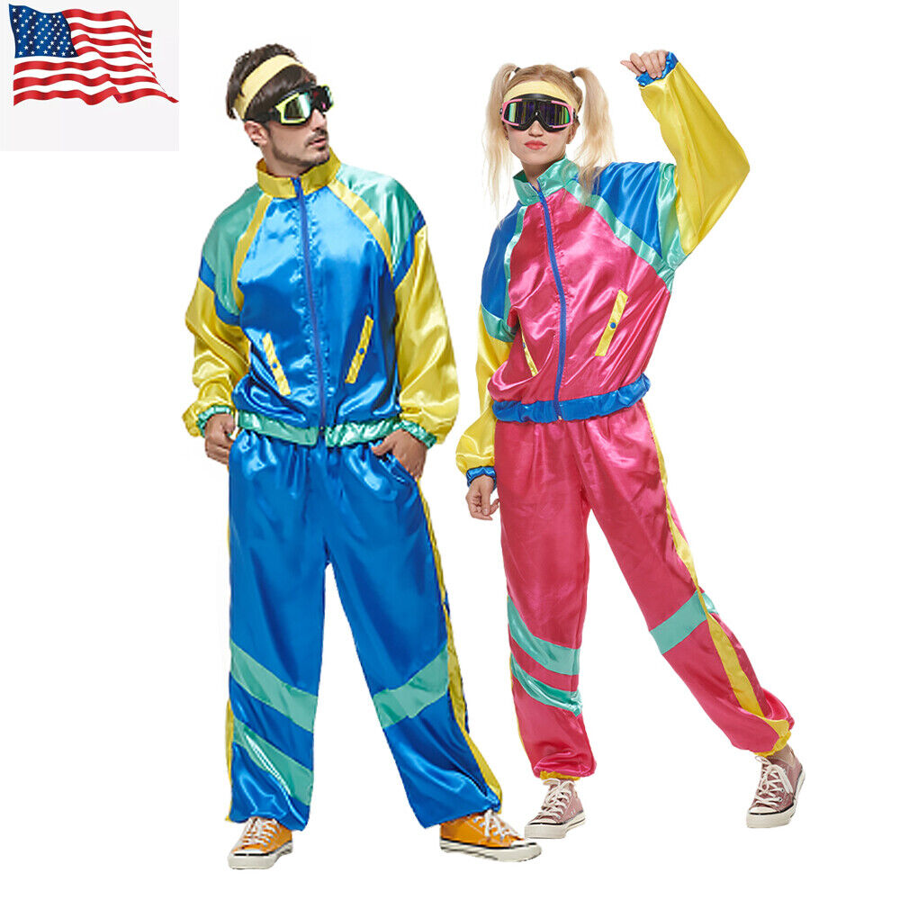 Men Women 80s Costume Retro Jacket Shell Suit Party Tracksuit Neon Clothes  US