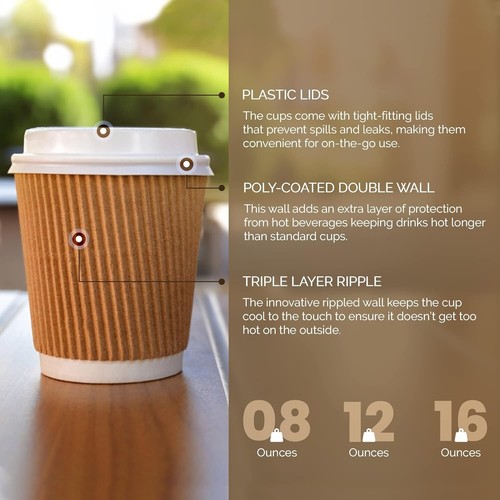 150 x 12oz Disposable Coffee Cups 3 PLY Kraft Ripple Paper Cup Hot & Cold Drinks - Picture 14 of 21