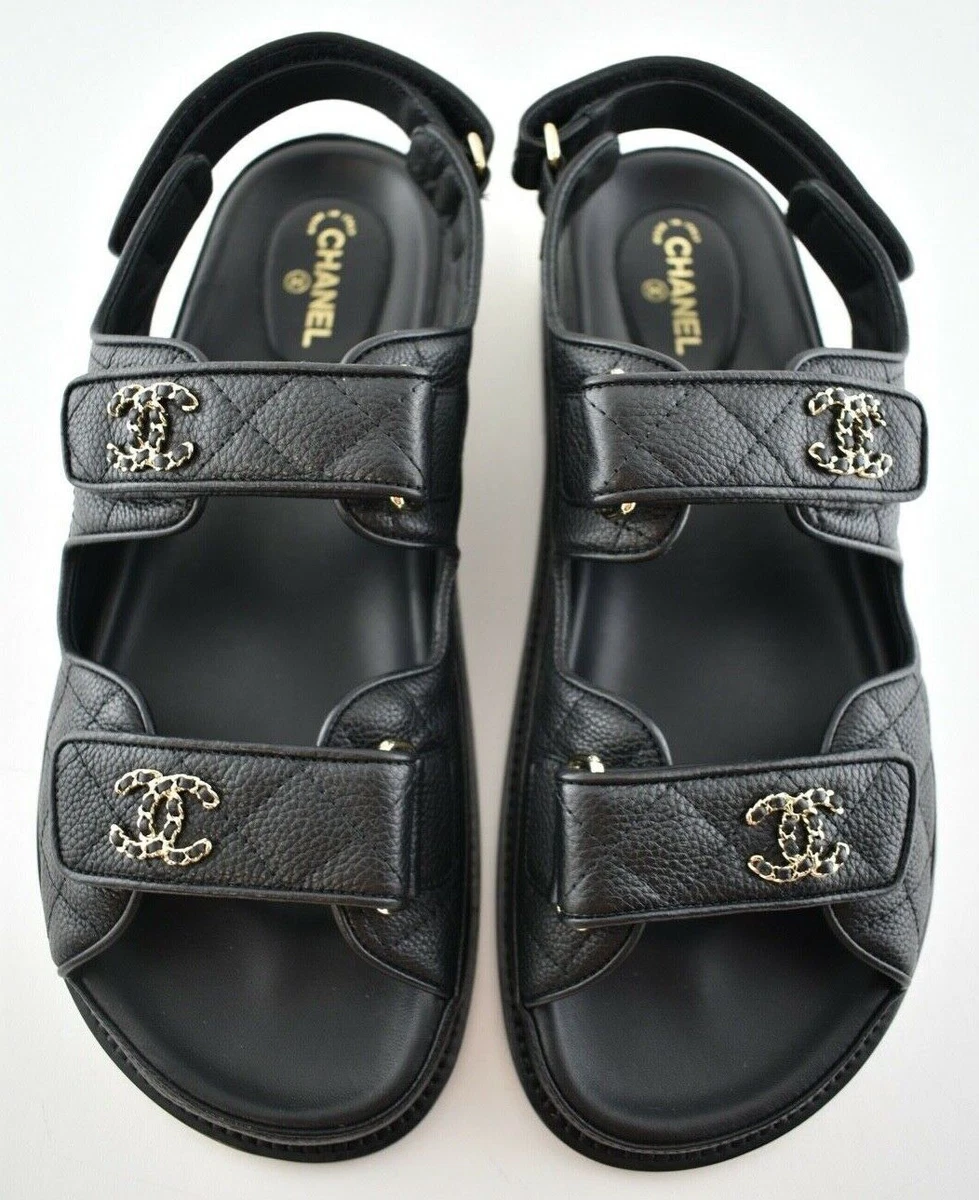 Chanel REV Black Caviar Gold CC Logo Mule Slide Strap Flat Teva Dad Sandal  41.5