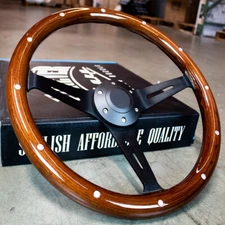15" Matte Black Steering Wheel Dark Stained Wood Grip with Rivets