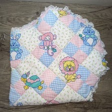 Vtg 70s Quilt Pink Blue Mint Teal Calico Small Fabric Baby Infant Animals