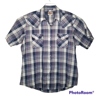 Ely Cattleman Western Mens Shirt XL Plaid Pearl Snap Short Sleeve Cowboy READ