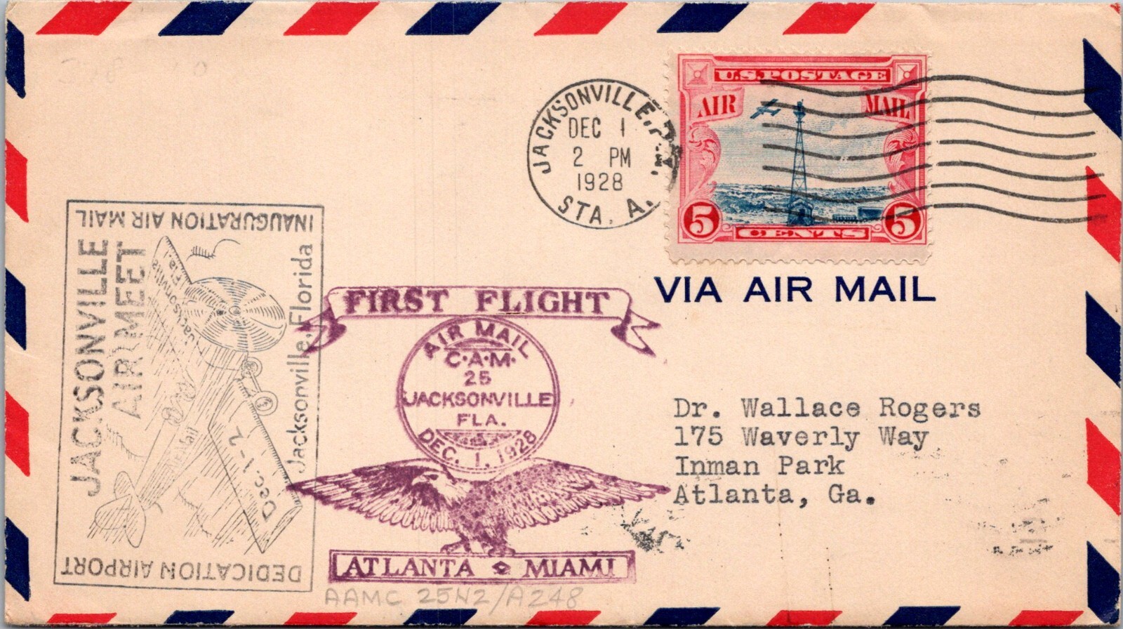 FFC 1928 Airmail RT CAM 25 Jacksonville, Fl to Atlanta GA F56333
