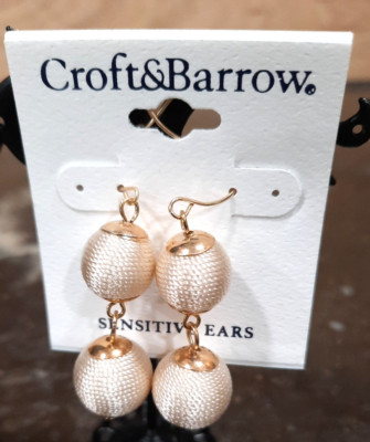 Croft & Barrow Ivory Goldtone Dangle Balls Hook Earrings New Sensitive Ears