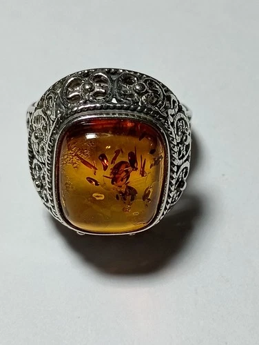 925 Sterling Silver Poland Vintage Baltic Amber Ring! Beautiful! LOOK!!! Size 7