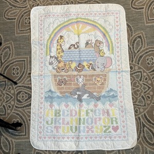 BUCILLA Special Ed. Finished NOAH'S ARK Cross Stitch CRIB COVER Baby Quilt 