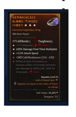    DIABLO 4 SEASON 13 LEGEN RING 3GA-WILL+ATK SPEED+DOT