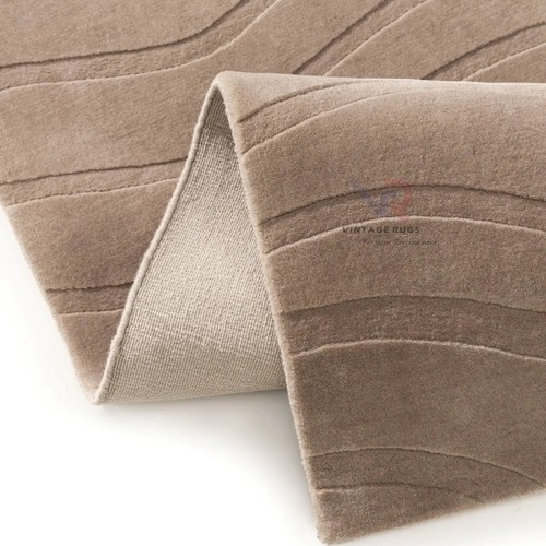 Beige Wool Rug 7x9 Hand Tufted Modern Wave Geometric Area Carpet for Living Room - Picture 4 of 8