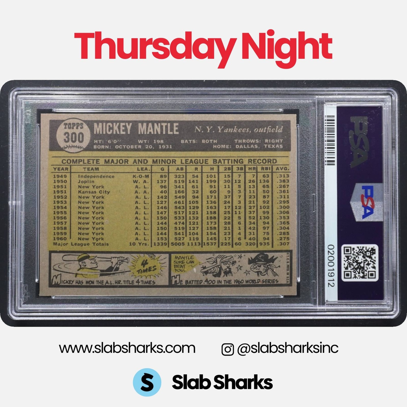 1961 TOPPS #300 MICKEY MANTLE PSA 8 view 2