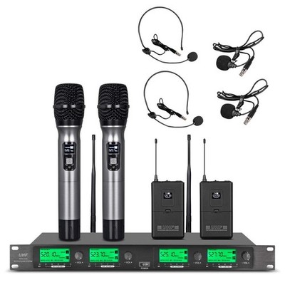 Wireless Microphone System UHF 4 Channel 2 Handheld Mic 2 Headset 2 Lavalier Bod