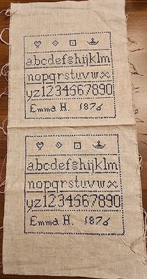 Antique Primitive Cross Stitch Sampler Alphabet & Numbers 21''x9.5'' Emma H 1876 