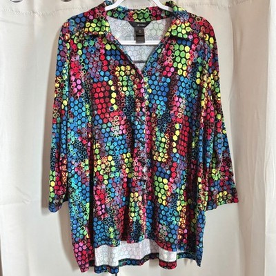 Ali Miles Womens Artsy Top 2X Geometric Colorful Button Up Abstract Boho 19599