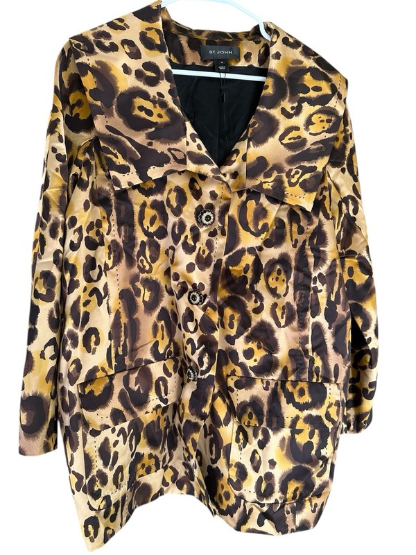 St. John Collection Leopard Animal Print 100% Silk Button Front Jacket Size 8